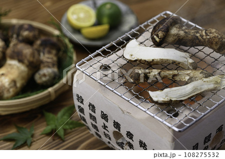 秋の味覚 高級食材の松茸を炭火で焼く 焼き松茸 108275532