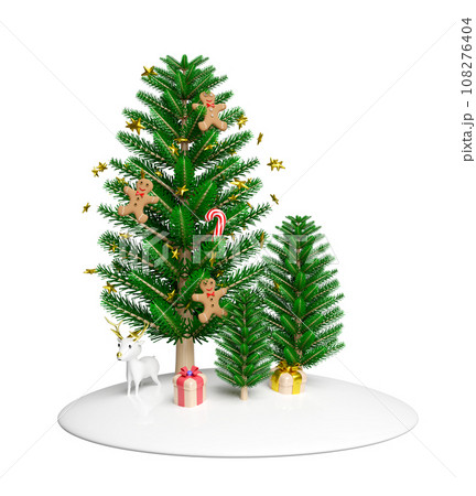 Christmas tree with decorations, gingerbread man, candy cane, gift box, deer, snow hill. merry christmas and happy new year, 3d render illustration Christmas tree with decorations, gingerbread man, candy cane, gift box, deer, snow hill. merry christmas and happy new year, 3d render illustration 108276404