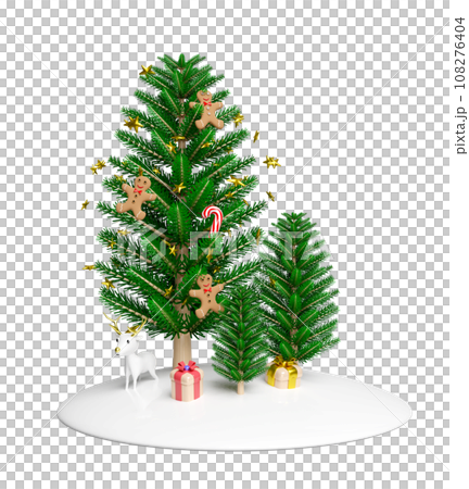 Christmas tree with decorations, gingerbread man, candy cane, gift box, deer, snow hill. merry christmas and happy new year, 3d render illustration Christmas tree with decorations, gingerbread man, candy cane, gift box, deer, snow hill. merry christmas and happy new year, 3d render illustration 108276404