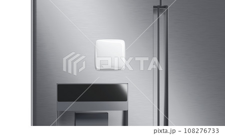Blank white square magnet on fridge mockup, front view 108276733