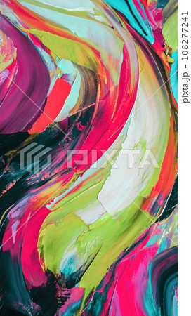 Closeup of a painting by oil and palette knife. Highly-textured, high quality details. Fragment of multicolored texture painting. Abstract art background. oil on canvas. Rough brushstrokes of paint. 108277241