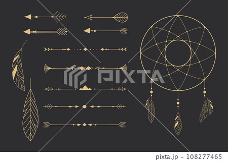 Set golden tribal dream catcher, feathers line art native arrows, dividers ethnic indian in doodle style on dark background. Geometric boho elements. 108277465