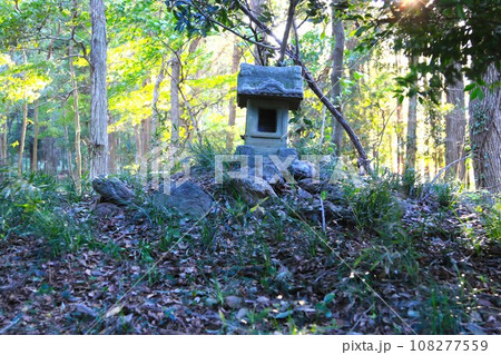 毛呂山町の国史跡指定鎌倉街道の傍らの古墳上に祀られた小さな諏訪大明神の社の風景 108277559