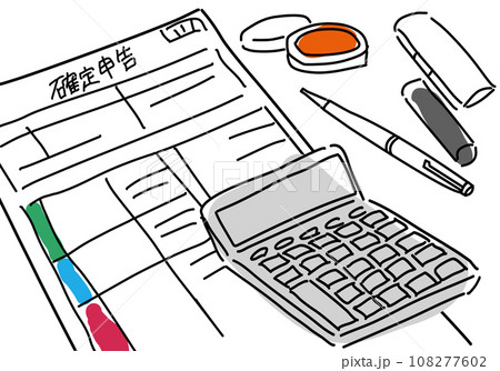 確定申告書と電卓と印鑑とペンのシンプル線画 確定申告書と電卓と印鑑とペンのシンプル線画 108277602
