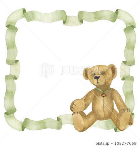 Frame green ribbon, square border, vintage teddy bear. Collection of antique toys. Hand drawn watercolor illustration isolated background. For cards, congratulations, invitations, text inside Frame green ribbon, square border, vintage teddy bear. Collection of antique toys. Hand drawn watercolor illustration isolated background. For cards, congratulations, invitations, text inside 108277669