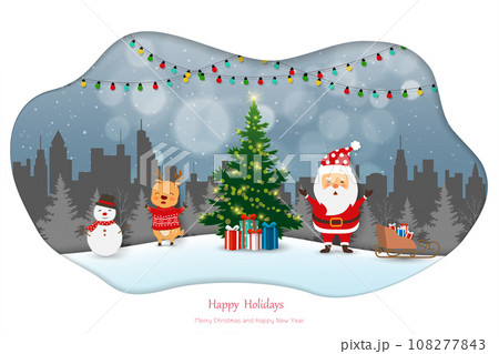 Merry Christmas and Happy new year greeting card,winter night landscape with Santa Claus and friends celebrate party on city background Merry Christmas and Happy new year greeting card,winter night landscape with Santa Claus and friends celebrate party on city background 108277843