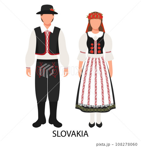 アート・デザイン・音楽 The Slovak national dress through the . Man and woman, couple in Slovak folk costumes. - Stock