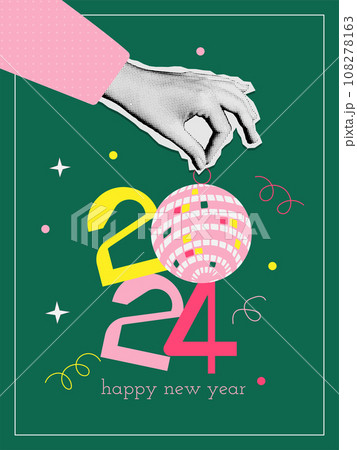Happy New Year 2024 collage in trendy groovy collage style. Halftone hand holding number 2024 with mirror ball. Retro New Year banner for decoration card, poster, party. Vector illustration. 108278163