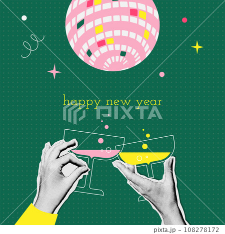 Vintage New year party banner template in groovy 90s style. Two hands holding retro champagne glasses. Trendy halftone collage style. Vector mixed media design. Vintage New year party banner template in groovy 90s style. Two hands holding retro champagne glasses. Trendy halftone collage style. Vector mixed media design. 108278172