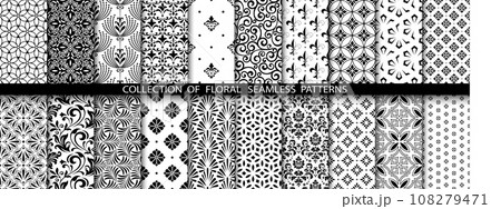Geometric floral set of seamless patterns. White and black vector backgrounds. Damask graphic ornaments. 108279471
