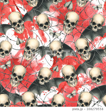 Human skulls with black bat wings, cobwebs, stains and blood splatters and night moths. Hand drawn watercolor illustration. Seamless pattern on a white background 108279558