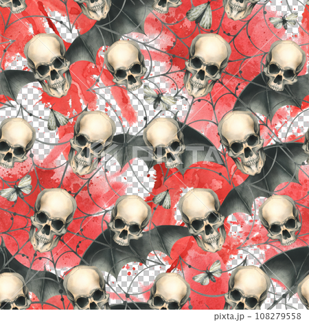 Human skulls with black bat wings, cobwebs, stains and blood splatters and night moths. Hand drawn watercolor illustration. Seamless pattern on a white background 108279558