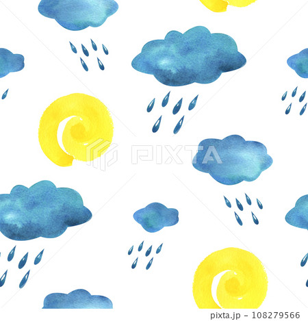 Blue, turquoise clouds with raindrops and yellow spiral sun. Watercolor illustration hand drawn in children's style for posters, cards, stickers. Seamless pattern on a white background 108279566