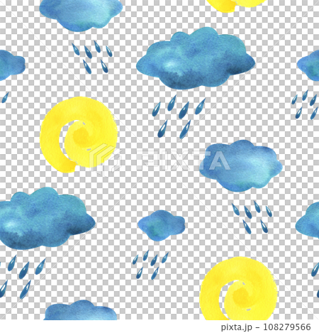 Blue, turquoise clouds with raindrops and yellow spiral sun. Watercolor illustration hand drawn in children's style for posters, cards, stickers. Seamless pattern on a white background Blue, turquoise clouds with raindrops and yellow spiral sun. Watercolor illustration hand drawn in children's style for posters, cards, stickers. Seamless pattern on a white background 108279566