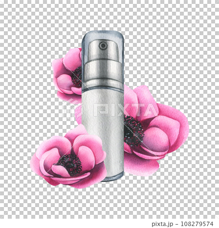 Personal care cosmetics in tube with anemone flowers. Hand drawn watercolor illustration. Isolated composition on a white background for the beauty industry, advertising and design 108279574