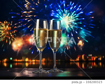 Two glasses of champagne with bokeh on against the background of the city and fireworks on dark. Christmas and new year celebration. 108280323
