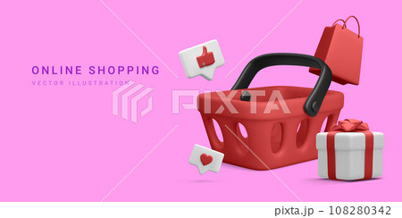 3d realistic banner with basket, shopping bag and gift box in cartoon style on light background. Poster or web page for online shopping. Vector illustration 108280342