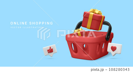3d realistic banner with shopping basket and gift box in cartoon style on blue background. Poster or web page for online shopping. Vector illustration 108280343