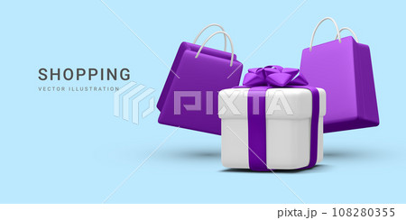 3d realistic paper bags and gift box in cartoon style on light background. Holiday cover template. Surprises and bonuses for buyers. Vector illustration 108280355
