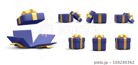 Set of 3d realistic gift boxes with gold ribbon isolated on white background. Surprise boxes. Vector illustration 108280362