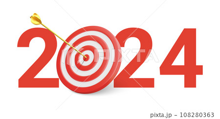 New Year realistic target and goals with symbol of 2024 from red target and arrows. Target concept for new year 2024. Vector illustration 108280363