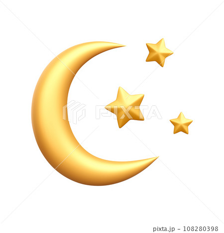 3d realistic crescent and gold stars isolated on white background. Abstract moon with bright stars in cartoon style. Vector illustration 3d realistic crescent and gold stars isolated on white background. Abstract moon with bright stars in cartoon style. Vector illustration 108280398
