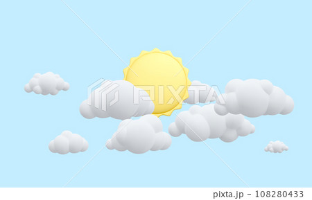 3d realistic blue sky with clouds and sun in cartoon style. Vector illustration 108280433