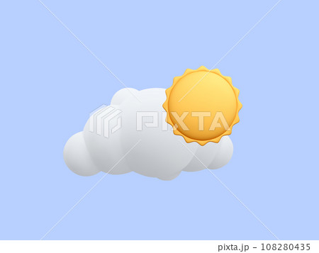 3d realistic cloud with sun in cartoon style isolated on blue background. Weather forecast icon. Vector illustration 108280435