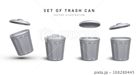 Set of 3d realistic silver trash can on white background. Vector illustration Set of 3d realistic silver trash can on white background. Vector illustration 108280445