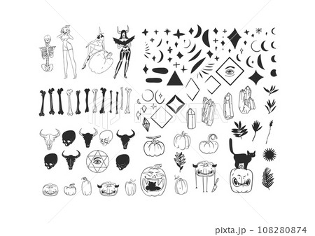 Hand drawn vector abstract graphic line art and silhouette Halloween big set of creepy characters,pumpkins,skull and bones isolated.Halloween outline scary graphic design concept decoration icons. Hand drawn vector abstract graphic line art and silhouette Halloween big set of creepy characters,pumpkins,skull and bones isolated.Halloween outline scary graphic design concept decoration icons. 108280874