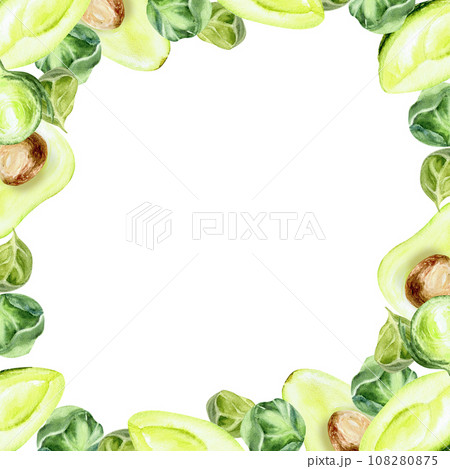 Watercolor green vegetables frame. Hand drawn round border with avocado, bussel's cabbage and spinach for menu, restaurant, cafe, product packing design.Isolated clip art , vegan food illustration Watercolor green vegetables frame. Hand drawn round border with avocado, bussel's cabbage and spinach for menu, restaurant, cafe, product packing design.Isolated clip art , vegan food illustration 108280875