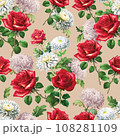 Set of Red Roses and Chrysanthemum seamless pattern on background color. 108281109