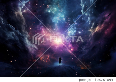 Abstract colorful cosmos background with a person. Planets and galaxies, sky and stars in universe. AI generated. Abstract colorful cosmos background with a person. Planets and galaxies, sky and stars in universe. AI generated. 108281894