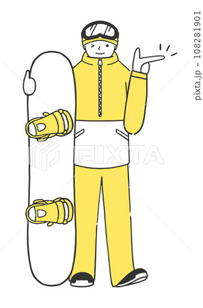 ウェアを着てボードを持って指差しする男性スノーボーダーの全身イラスト素材 ウェアを着てボードを持って指差しする男性スノーボーダーの全身イラスト素材 108281901