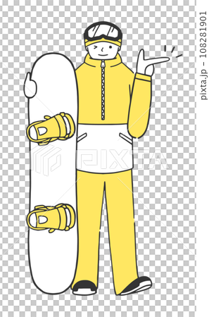 ウェアを着てボードを持って指差しする男性スノーボーダーの全身イラスト素材 ウェアを着てボードを持って指差しする男性スノーボーダーの全身イラスト素材 108281901