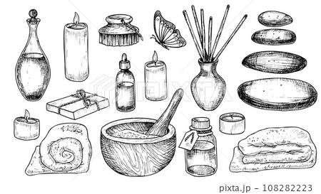 Spa set with bottles, towel, mortar and pestle. Hand drawn vector illustrations in black and white colors for clipart or beauty cosmetic design. Big bundle for aromatherapy or alternative medicine. Spa set with bottles, towel, mortar and pestle. Hand drawn vector illustrations in black and white colors for clipart or beauty cosmetic design. Big bundle for aromatherapy or alternative medicine. 108282223