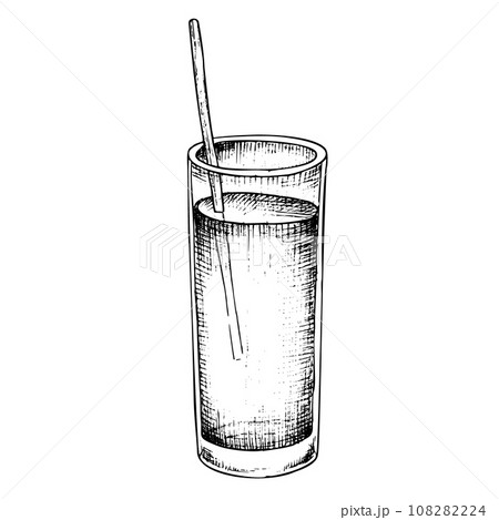 Glass of Orange Fruit Juice. Vector hand drawn illustration of fresh citrus tangerine beverage in black and white colors. Linear drawing of tropical drink with cocktail tube. Etched sketch of shake. 108282224