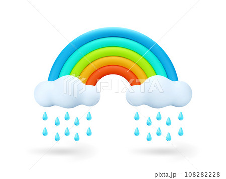 3D Cartoon Colorful Rainbow with Rain Clouds Isolated on White Background. 3D Weather Icon. Vector Illustration of 3d Render in minimal style. 3D Cartoon Colorful Rainbow with Rain Clouds Isolated on White Background. 3D Weather Icon. Vector Illustration of 3d Render in minimal style. 108282228