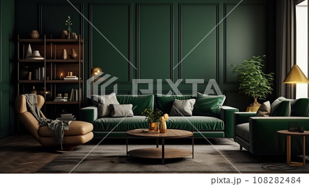Living room, monochrome dark green colors. Interior design Living room, monochrome dark green colors. Interior design 108282484