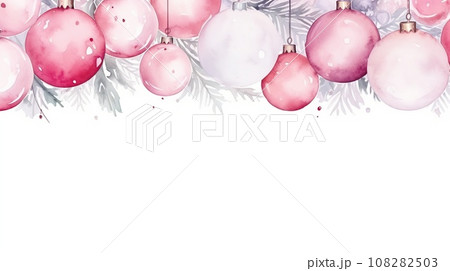 Christmas border with pink balls on white background. Watercolor Christmas and New Year background Christmas border with pink balls on white background. Watercolor Christmas and New Year background 108282503