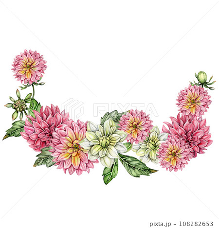 Watercolor dahlia flowers composition. Hand drawn illustration of a blooming flower garden. Design for baby shower party, birthday, cake, holiday celebration design, posters,greetings card,invitation. 108282653
