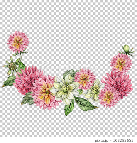 Watercolor dahlia flowers composition. Hand drawn illustration of a blooming flower garden. Design for baby shower party, birthday, cake, holiday celebration design, posters,greetings card,invitation. 108282653