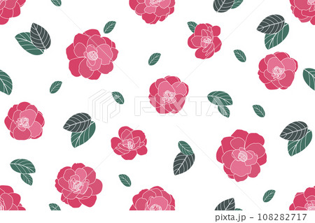 Illustration, pattern of the Camellia flower with leaf on white background. Illustration, pattern of the Camellia flower with leaf on white background. 108282717