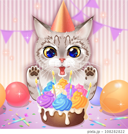 ケーキに喜ぶ子猫とパーティ・背景ループStripes ケーキに喜ぶ子猫とパーティ・背景ループStripes 108282822