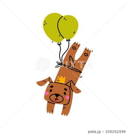 Cute Dog Animal Flying with Balloon Floating in the Air Vector Illustration 108282896