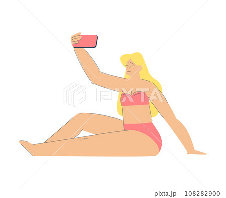Vacation with Woman Character in Swimsuit Sit and Take Selfie Enjoying Seaside Rest Vector Illustration 108282900