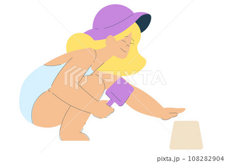 Vacation with Little Girl Character in Hat Playing in Sand Enjoying Seaside Rest Vector Illustration 108282904