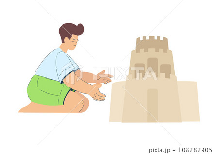 Vacation with Boy Character Building Sand Castle Enjoying Seaside Rest Vector Illustration 108282905