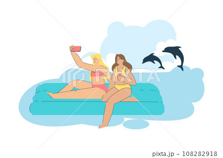 Vacation with Woman Character Floating on Inflatable Raft Enjoying Seaside Rest Vector Illustration 108282918