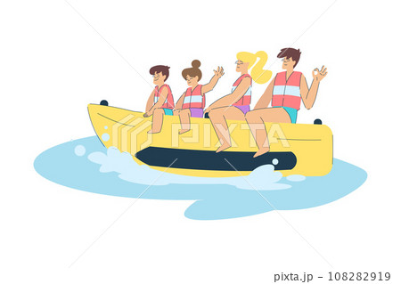 Vacation with Happy Family Ride Banana Enjoying Seaside Rest Vector Illustration 108282919